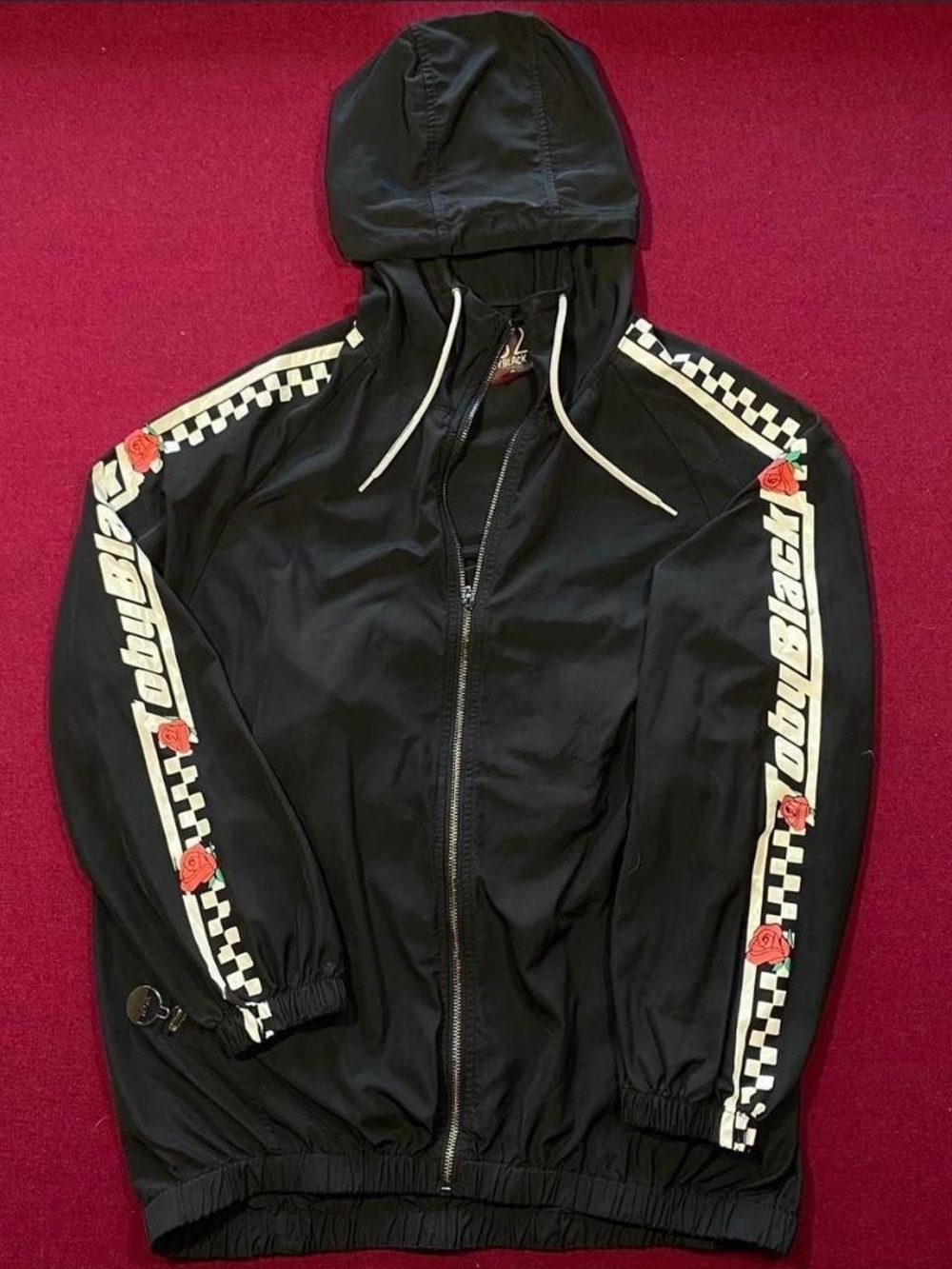 Black Hooded Track Jacket with Checkerboard Sleeve Stripes & Rose Details